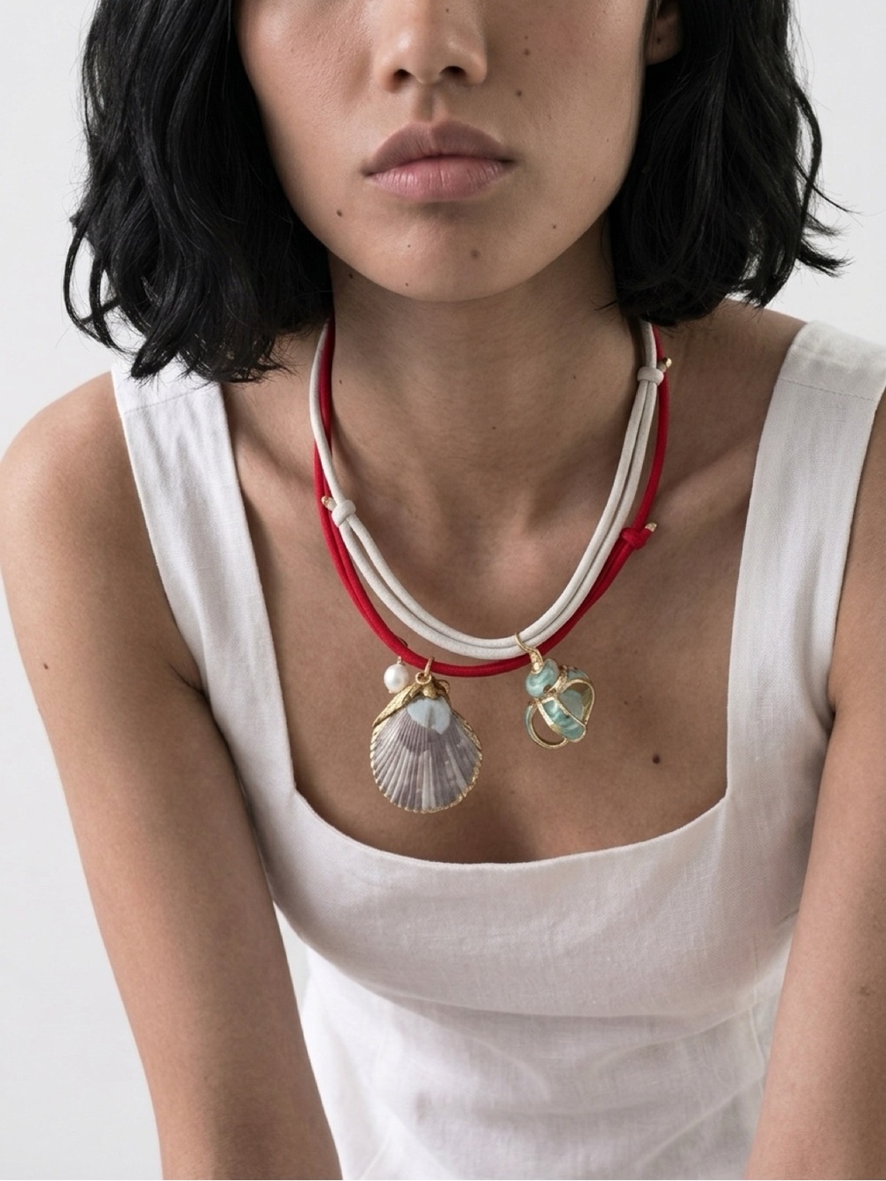 Red and Cream Layered cord Necklace Shell Charm Necklace - Women Jewelry